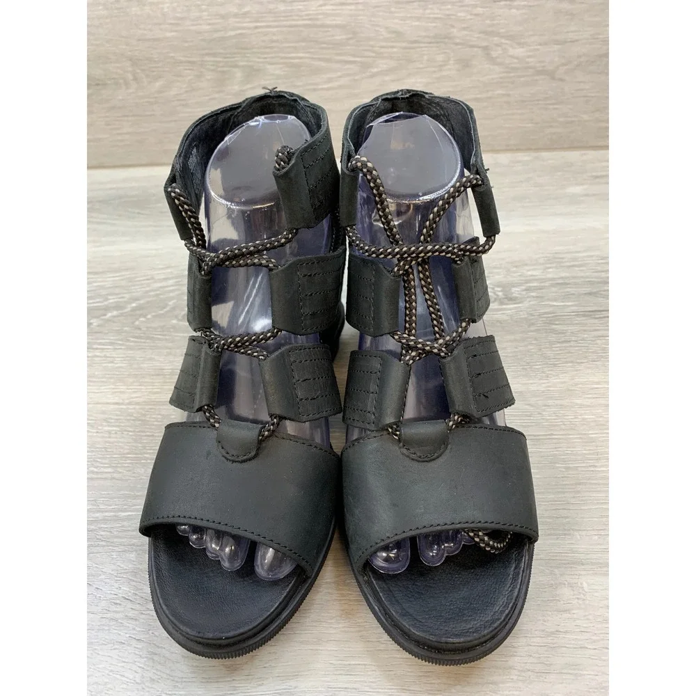 Sorel Joanie II LWomen's Lace Wedge Sandals Black Leather Gladiator 8 Shoes